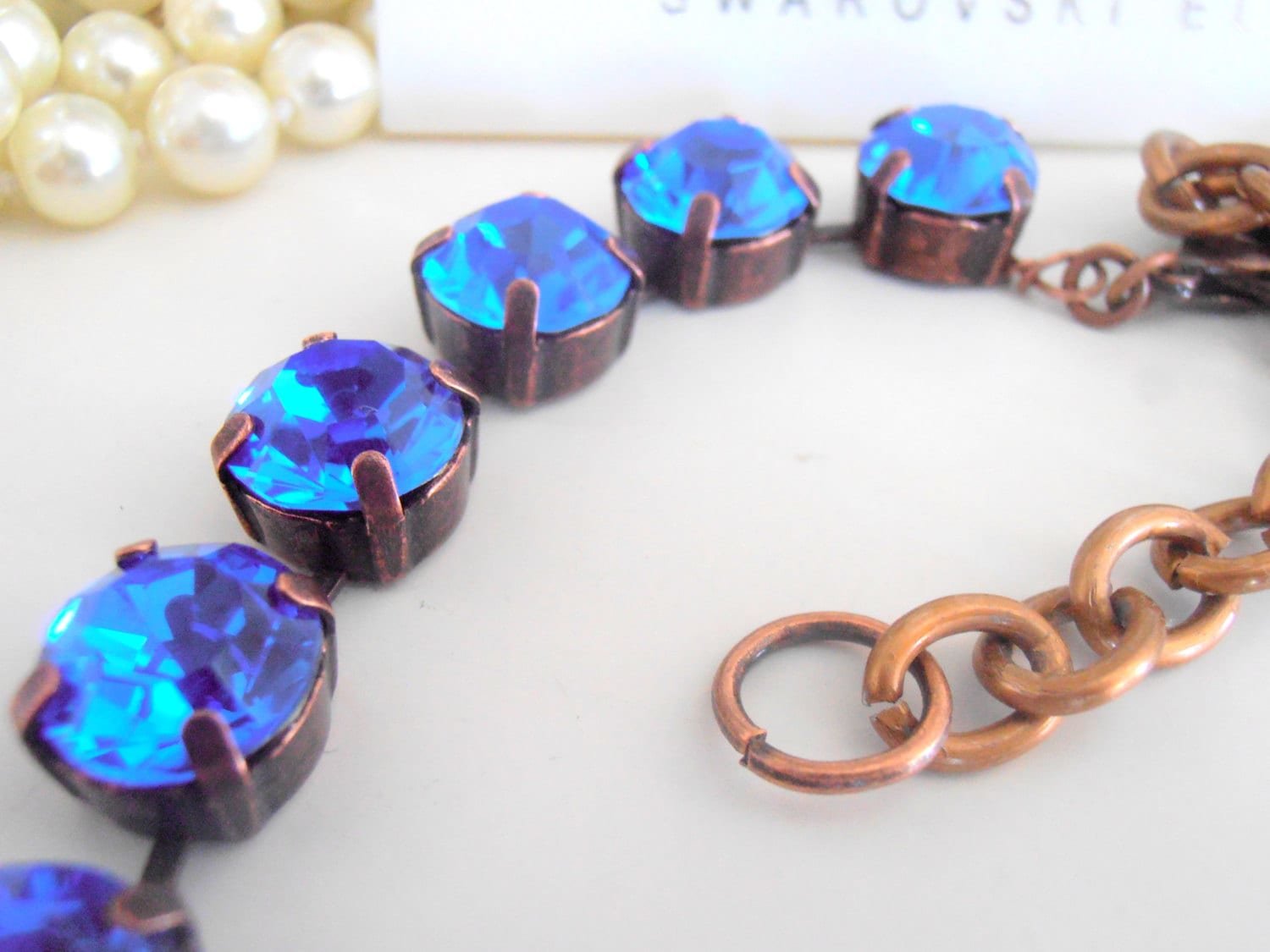 Sapphire Birthstone Crystal Collet Necklace, Georgian Blue Choker, Antique Copper Jewelry,Tennis SS45 Cup Chain, Women Gifts