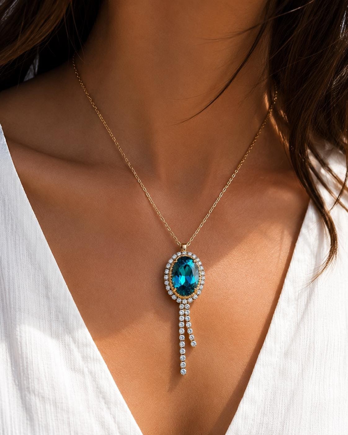 Women's handmade blue Swarovski® crystal necklace with gold-plated setting and delicate chain.