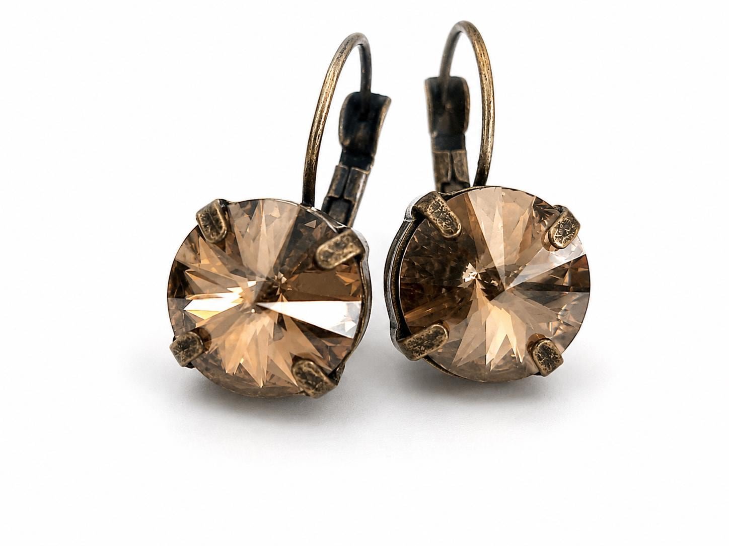 Classic antique bronze leverback earrings with genuine Swarovski Rivoli crystals in copper.