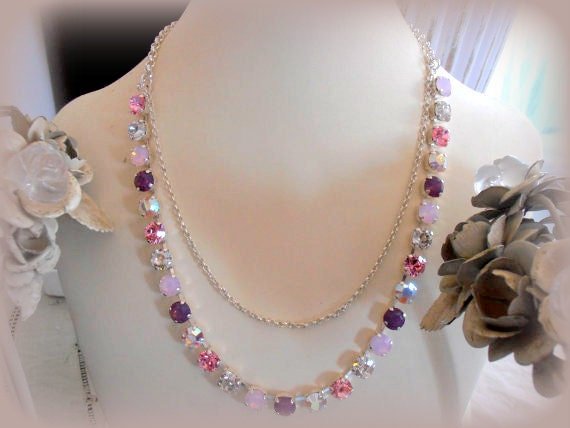 Purple and Rose Long Chain Necklace 8mm, Two Layer Necklace, Silver Crystal Choker