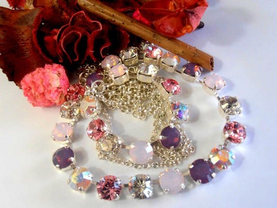 Purple and Rose Long Chain Necklace 8mm, Two Layer Necklace, Silver Crystal Choker