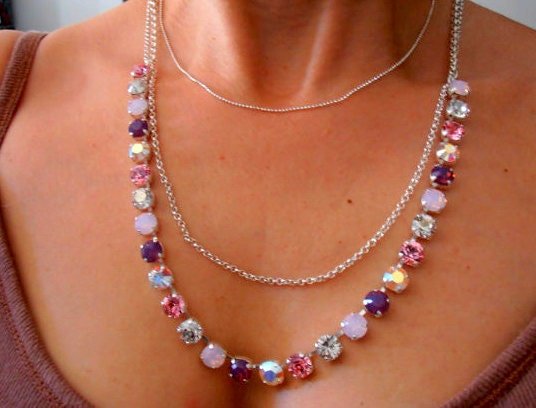 Purple and Rose Long Chain Necklace 8mm, Two Layer Necklace, Silver Crystal Choker