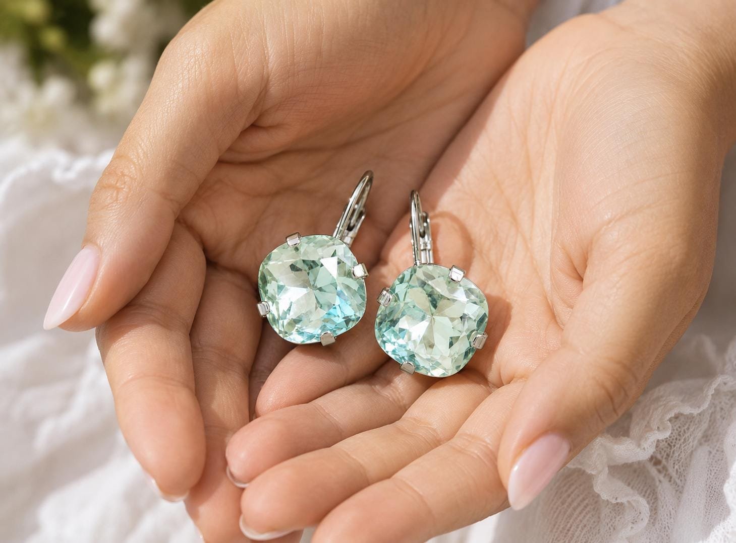 Blue Swarovski Crystal Leverback Earrings | Modern Bridal Jewelry