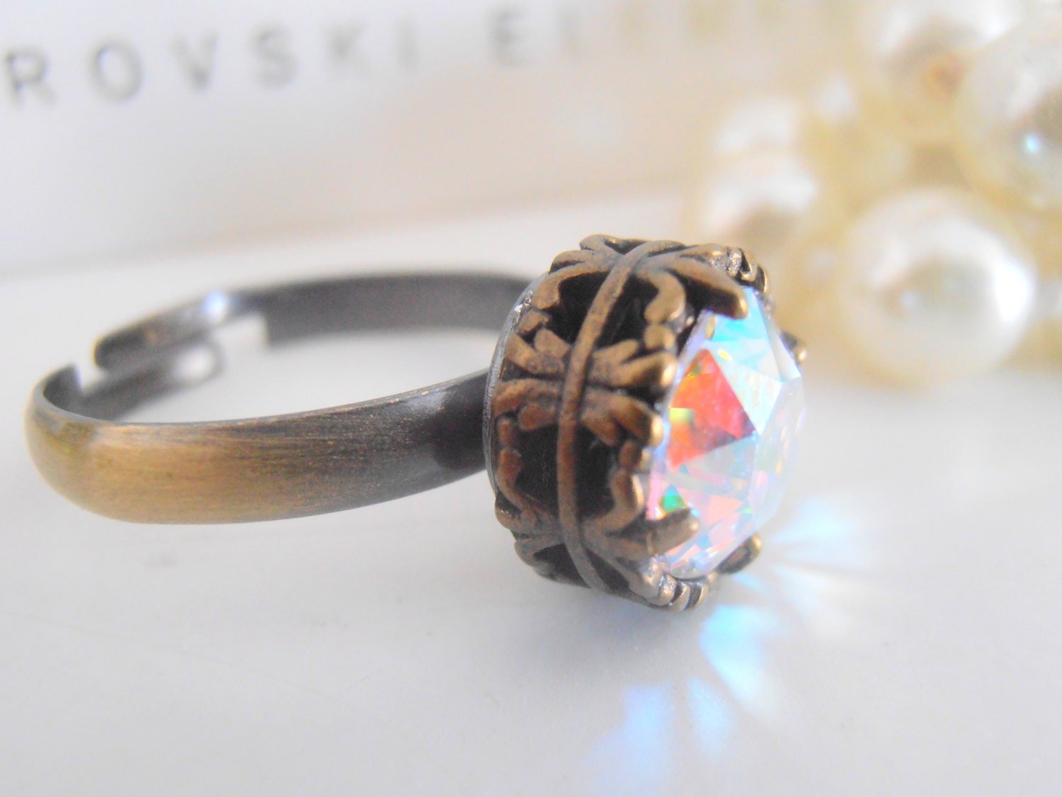 Aurora Borealis Bronze Filigree Adjustable Ring in Bronze, Antique Crystal Jewelry, Girlfriend Birthday Gift