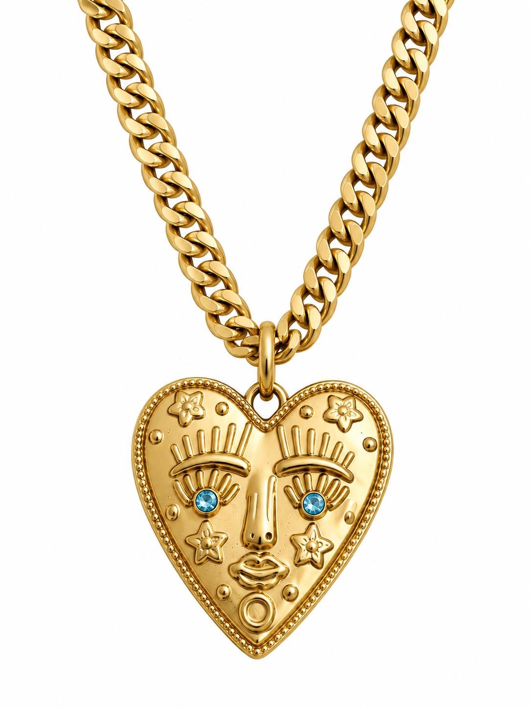 maximalist heart pendant necklace in gold stainless steel with artistic face design and blue swarovski crystal eyes.