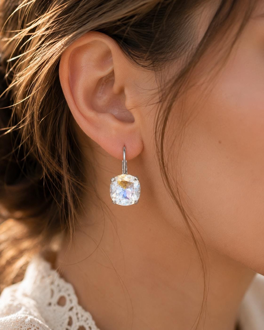 Square Leverback Earrings | Swarovski Crystals Dangle Earring Set | Bridal Gift