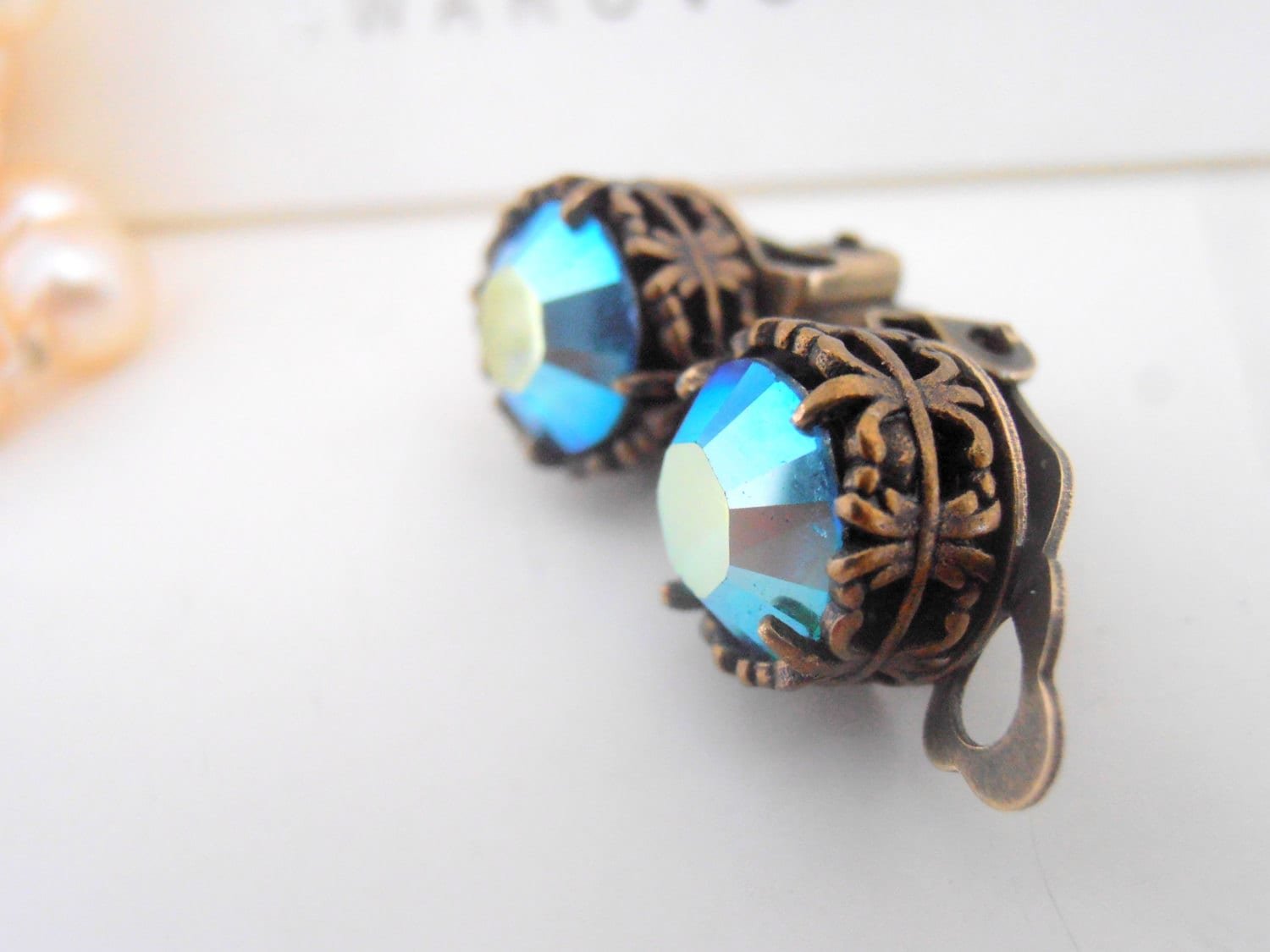 Aquamarine AB Clip On Stud Earrings, Non Pierced Jewelry for girls, Antique Bronze Post Filigree, Vintage Style