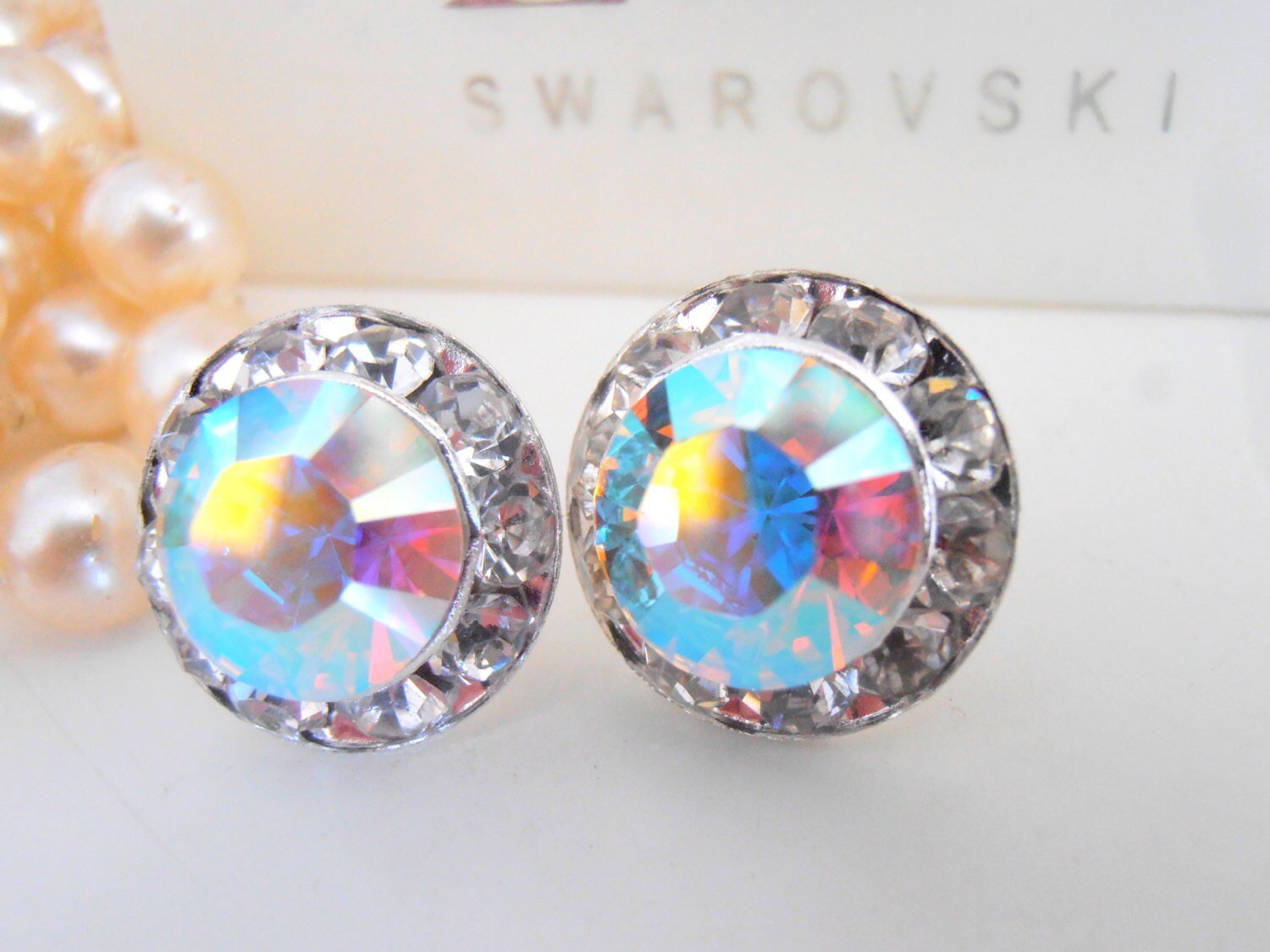 Aurora Borealis Halo Stud Earrings, Wedding Crystal Studs, Bridal Post Bridesmaid Earrings, Wedding Jewelry Gift