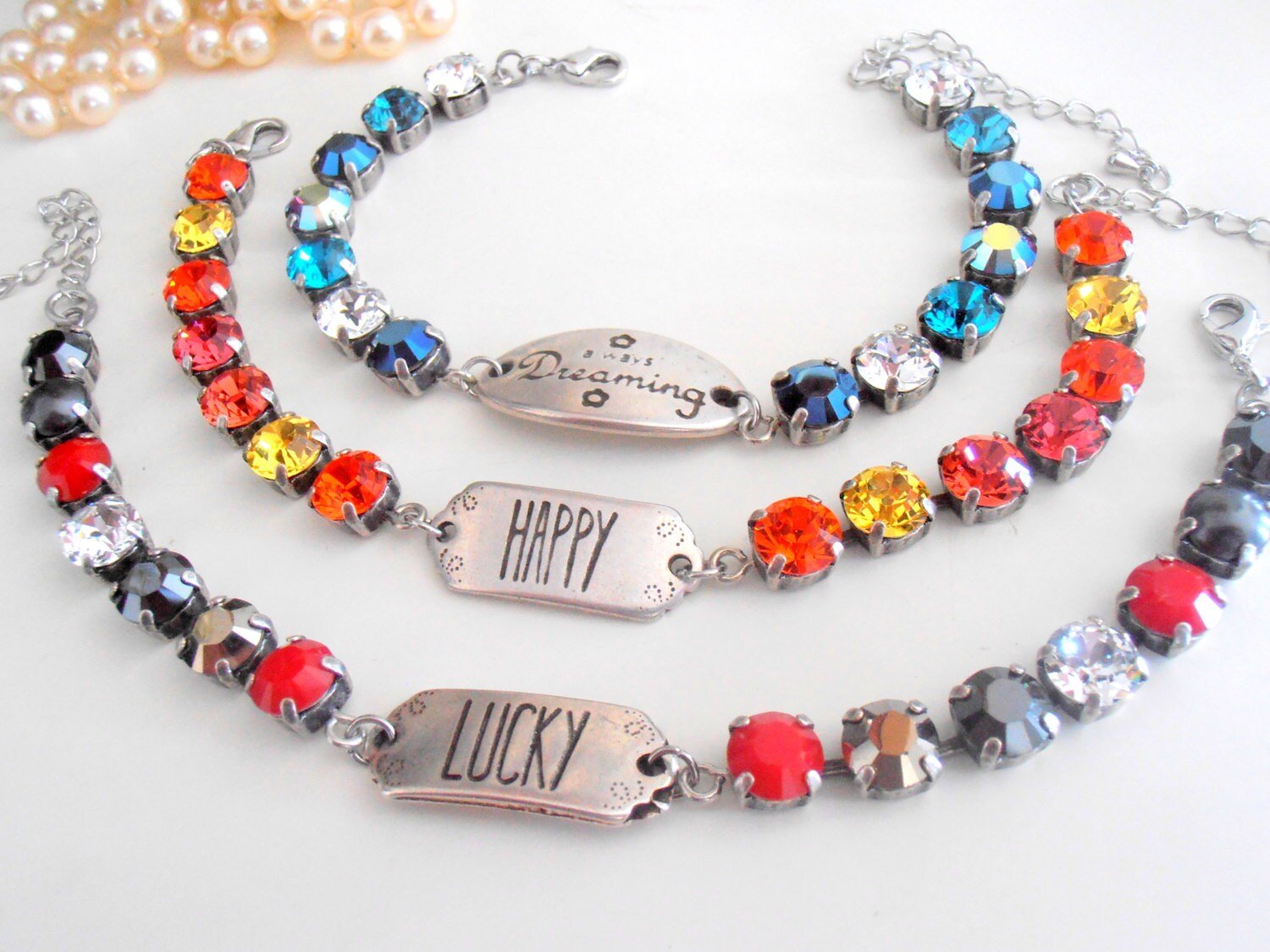 Multi-colors Wish Charm Bracelet with Crystal Chatons, Antique Silver Tennis Cup chain Jewelry, Mother's Day gift