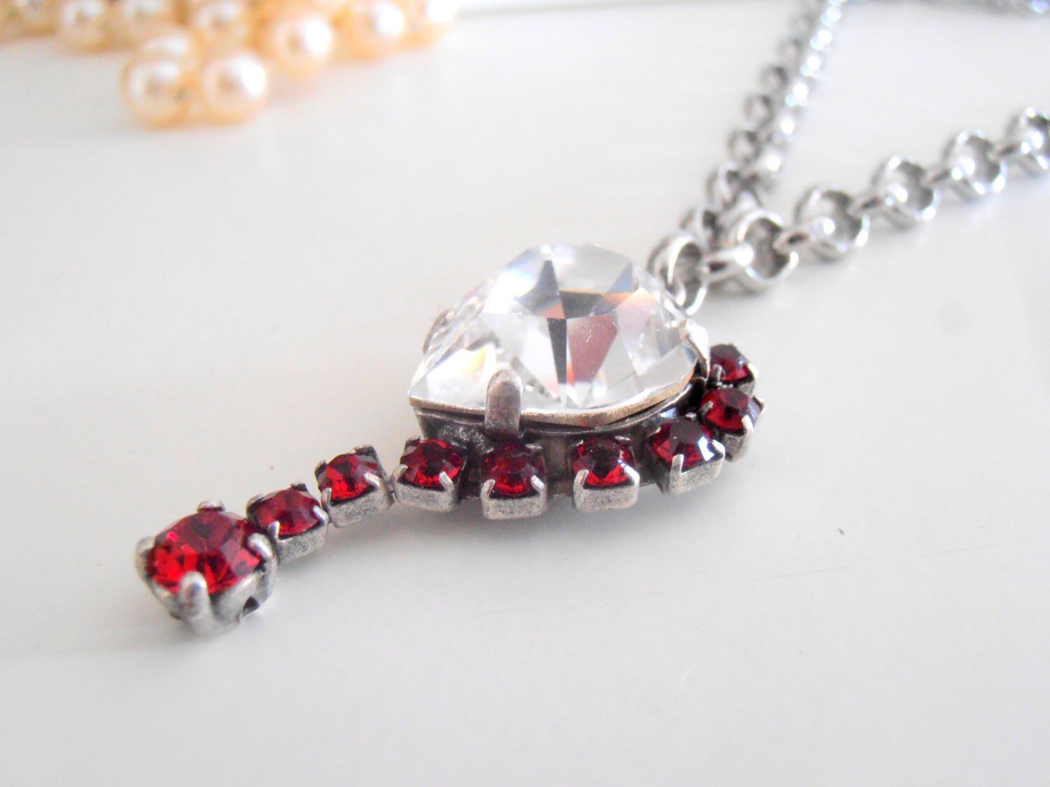 Ruby Heart Charm Necklace in Antique Silver, Bohemian Long Chain Pendant, Women Zamak Crystal Jewelry, Love Gift for her