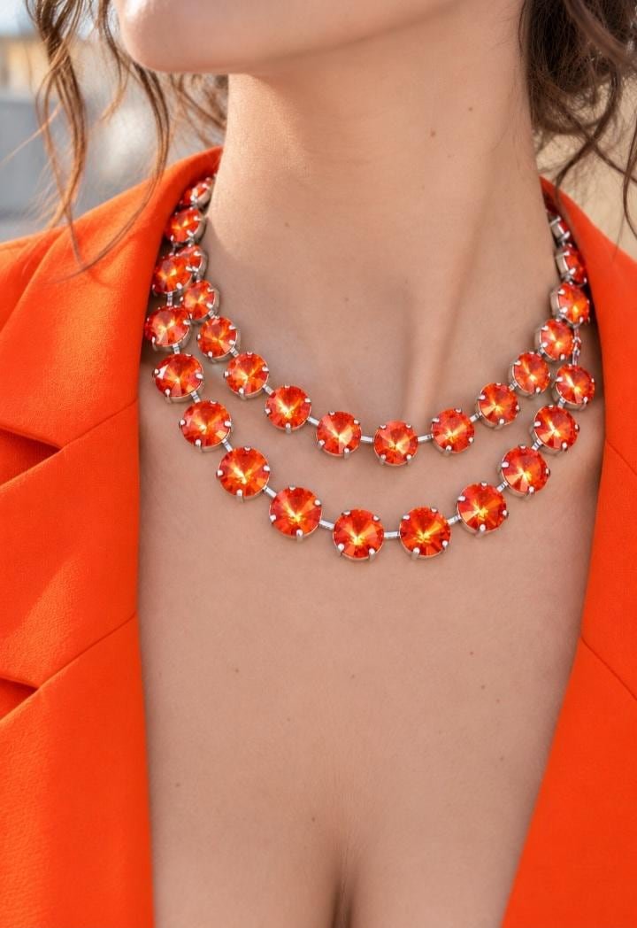 orange Swarovski Rivoli crystal statement necklace with two sparkling layers in silver plating setting, Anna Wintour style jewelry