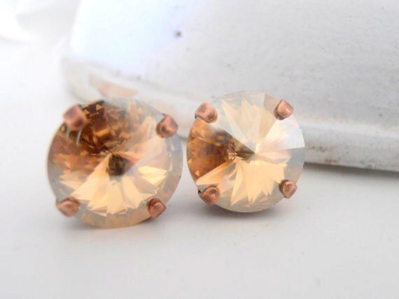 Golden Shadow Copper Rivoli Stud Earrings / Antique Jewelry / Pierced Post / Crystal Studs / Wedding / Birthday Gift