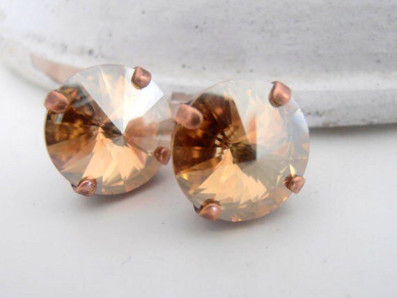 Golden Shadow Copper Rivoli Stud Earrings / Antique Jewelry / Pierced Post / Crystal Studs / Wedding / Birthday Gift