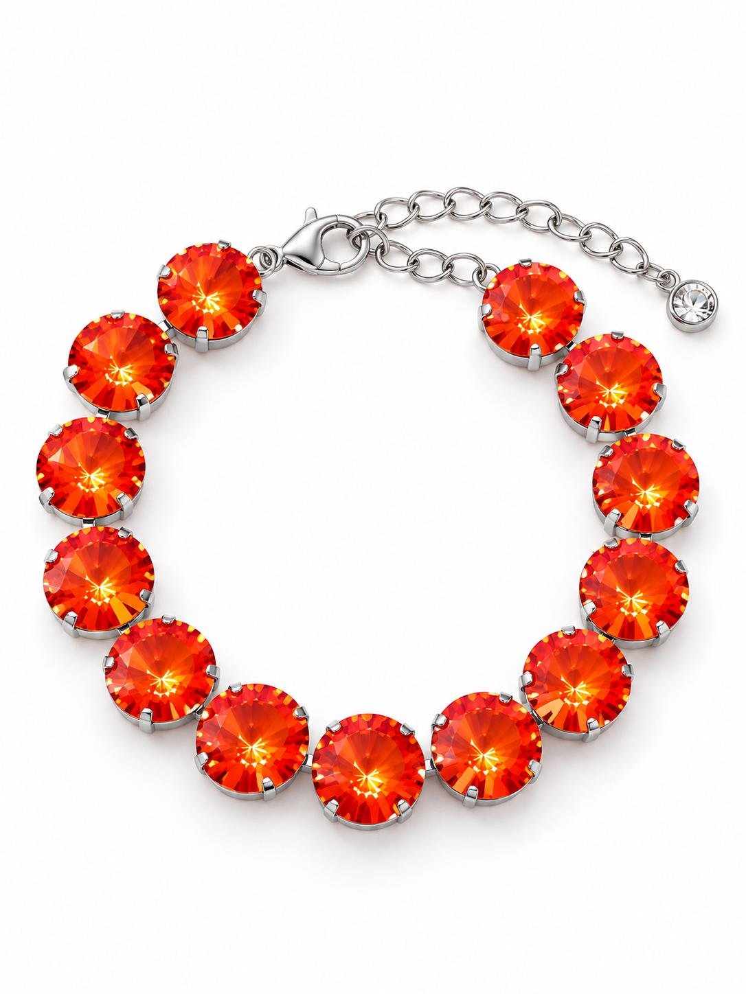 Handmade swarovski orange crystal tennis bracelet displayed on a white surface with lobster clasp and adjustable extension chain.