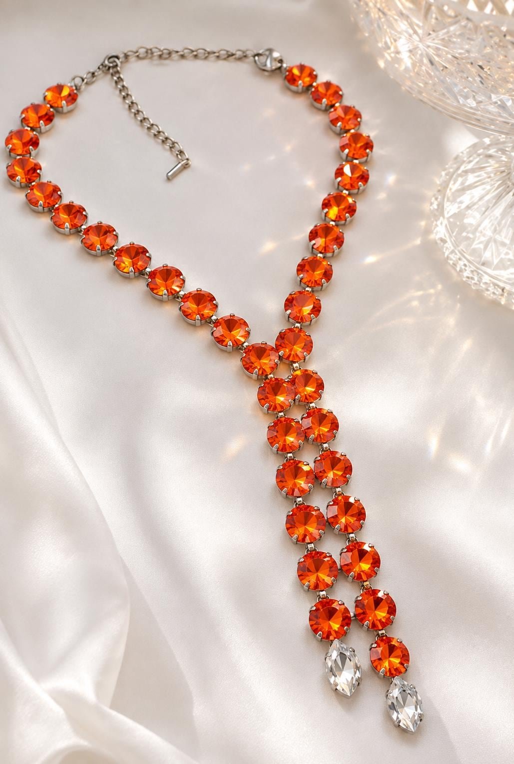 Swarovski Statement orange Rivoli necklace with clear crystal drops for autumn styling