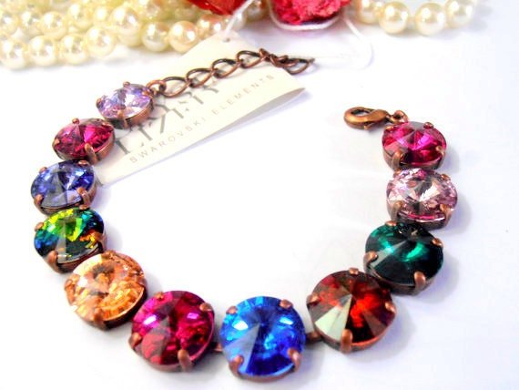 Multicolor Statement Tennis Bracelet with Rivoli Crystals 12mm / Cupchain Jewelry in Antique copper / Womens Birthday gift