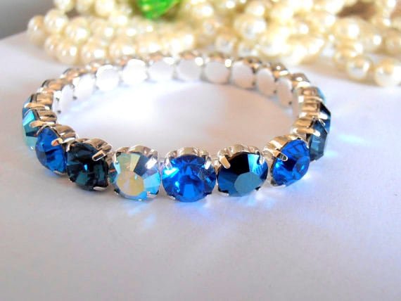 Blue Stretch Bracelet / Sew on Crystal Chatons Bracelet / Birthday Gift/ 8mm Blue Multicolors Bracelets / Silver Prong Round Setting