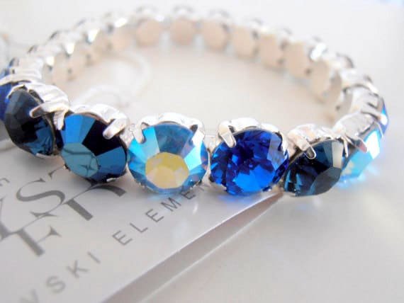 Blue Stretch Bracelet / Sew on Crystal Chatons Bracelet / Birthday Gift/ 8mm Blue Multicolors Bracelets / Silver Prong Round Setting