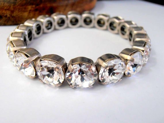 Clear Crystal Sew on Stretch Bracelet in Silver, Statement Jewelry, Cuff Bracelet, 10mm Round, Gift for Girlfriend