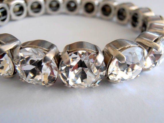 Clear Crystal Sew on Stretch Bracelet in Silver, Statement Jewelry, Cuff Bracelet, 10mm Round, Gift for Girlfriend