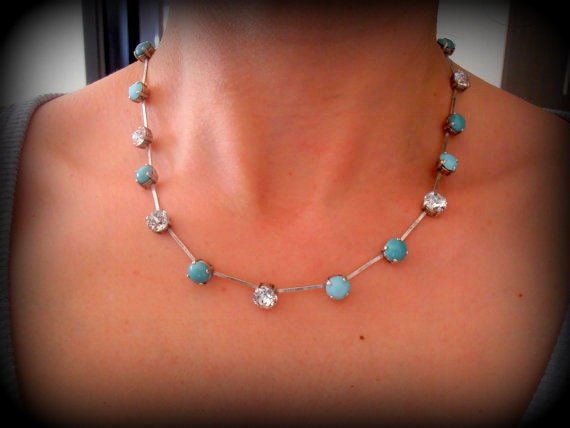 Turquoise Crystal Collet Necklace, Pacific Opal Blue Tennis Choker, Silver Cup chain, Gift for her