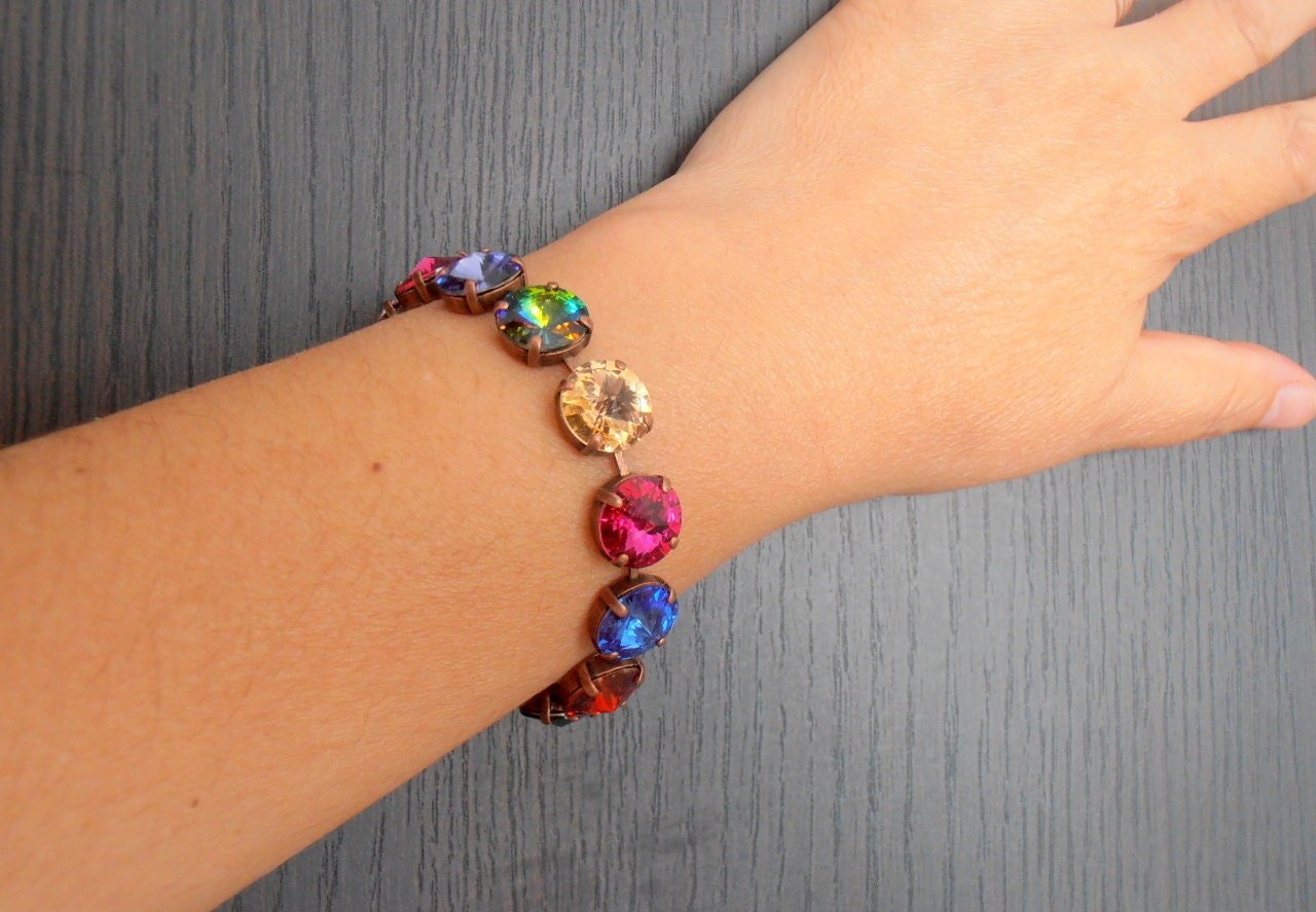 Multicolor Statement Tennis Bracelet with Rivoli Crystals 12mm / Cupchain Jewelry in Antique copper / Womens Birthday gift