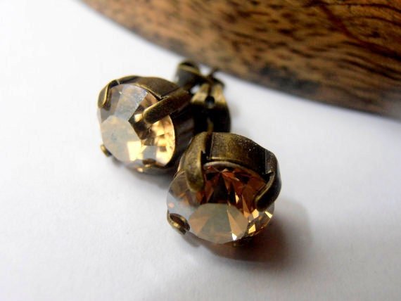 Golden Shadow Bronze Stud Earrings with Faceted Crystal Chatons Post Pierced Earrings 8mm Antique Dainty Jewelry Gifts