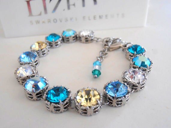 Multicolors Blue Crystal Art deco Bracelet / Wedding Jewelry / Platinum Plated Filigree / Fashion Bracelet / Gift