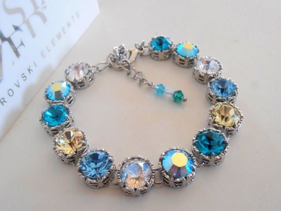 Multicolors Blue Crystal Art deco Bracelet / Wedding Jewelry / Platinum Plated Filigree / Fashion Bracelet / Gift