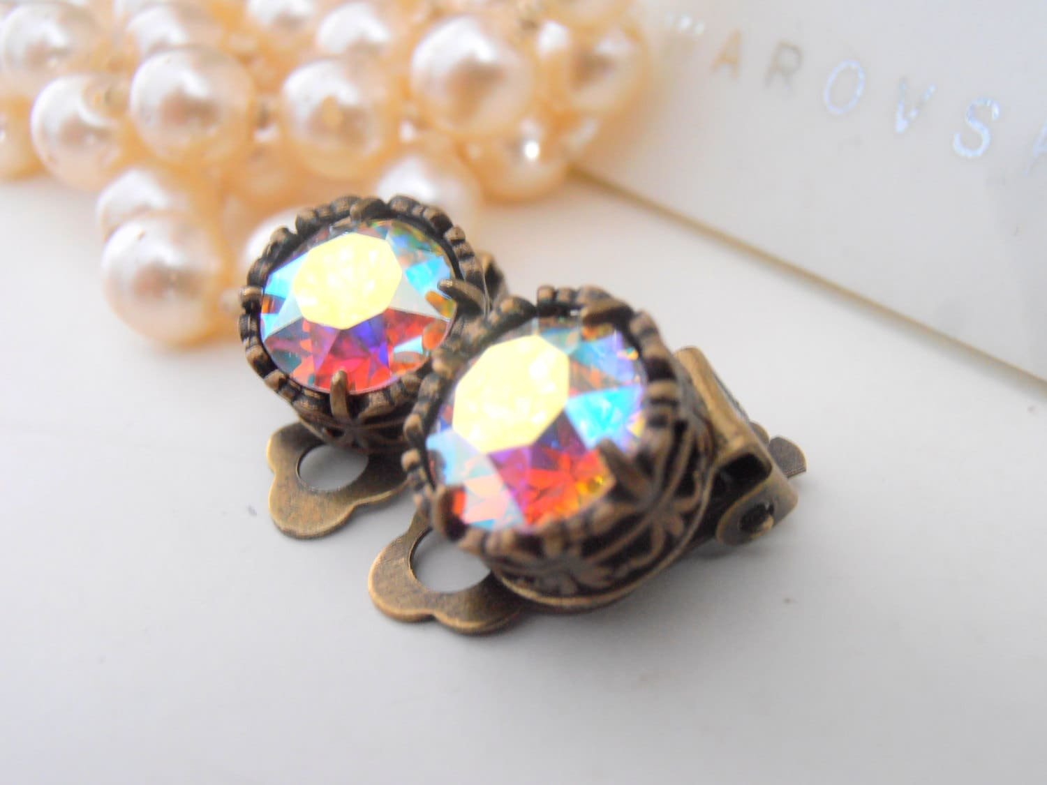 Aurora Borealis Clip On Bronze Earrings, Art Deco Studs, Non Pierced for girls, Antique Jewelry, Clip On Post,