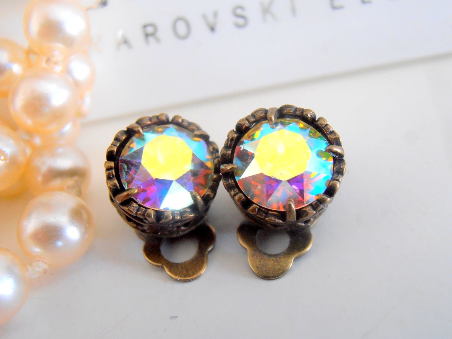 Aurora Borealis Clip On Bronze Earrings, Art Deco Studs, Non Pierced for girls, Antique Jewelry, Clip On Post,