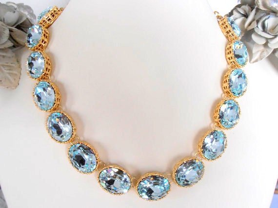 Light Azore Riviere Necklace with Genuine Oval Crystals, Anna Wintour Collet, Art Deco Choker, Wedding Statement Jewelry