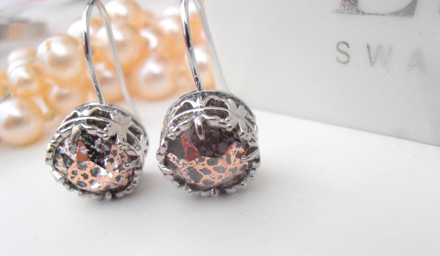 Rose Patina Platinum Drop Earrings, Art Deco Filigree Jewelry for Women, Dangle Round Hook, Anniversary Gift