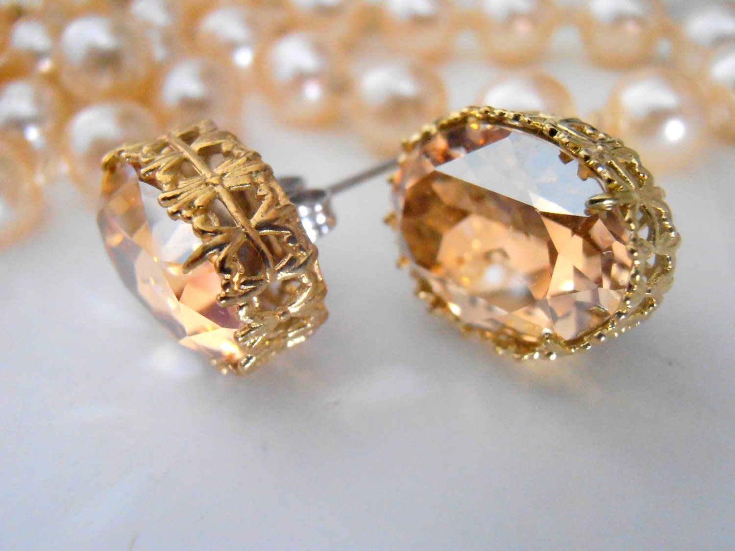 Golden Shadow Gold Oval Earrings / Filigree Studs / Pierced Post / Wedding Jewelry / Bridal