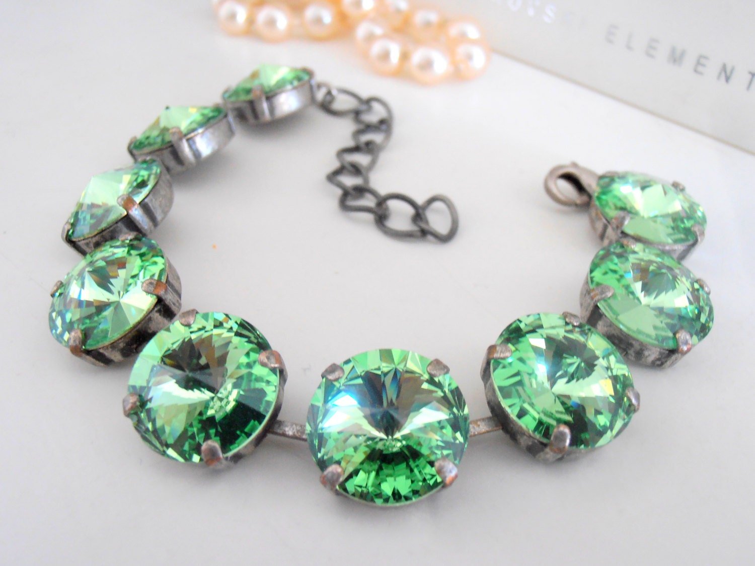 Peridot Rivoli Statement Bracelet 1122 14mm, Tennis Antique silver Jewelry, Green Color Rhinestones, Wife Gift