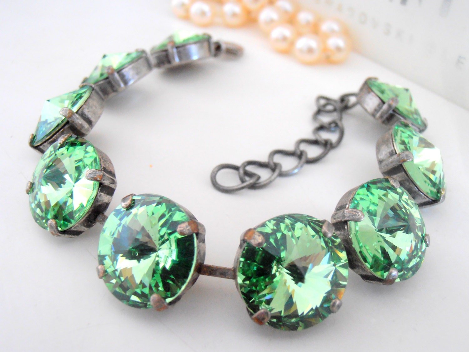 Peridot Rivoli Statement Bracelet 1122 14mm, Tennis Antique silver Jewelry, Green Color Rhinestones, Wife Gift