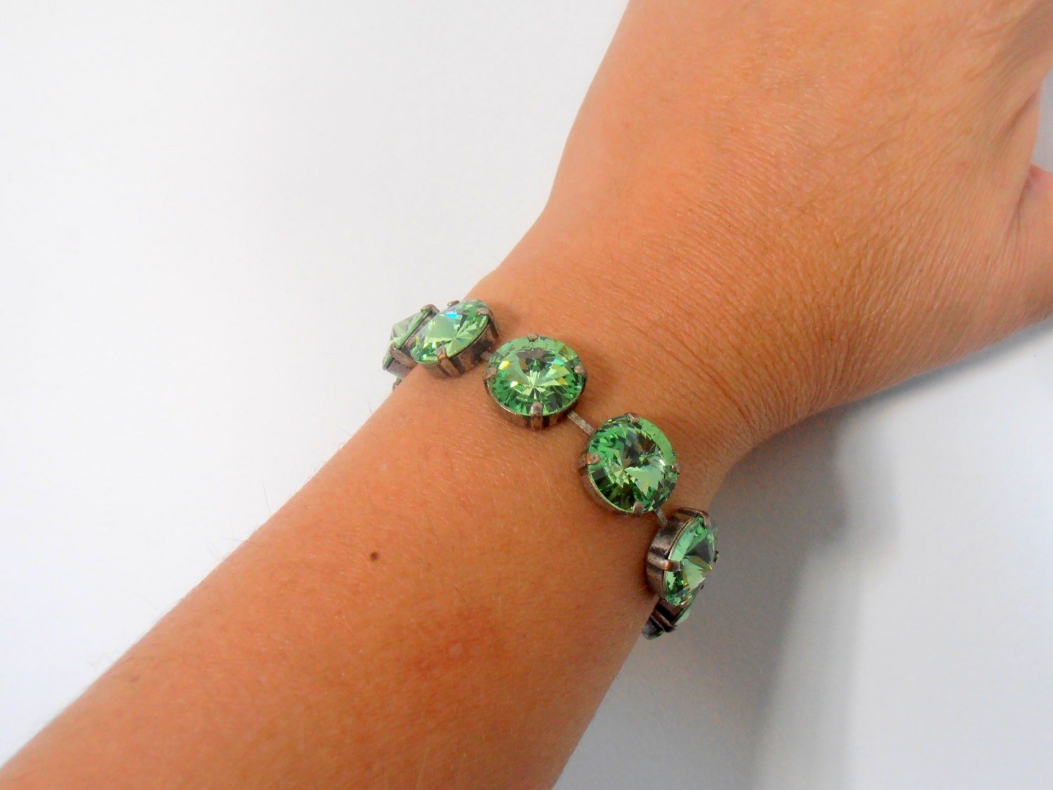 Peridot Rivoli Statement Bracelet 1122 14mm, Tennis Antique silver Jewelry, Green Color Rhinestones, Wife Gift