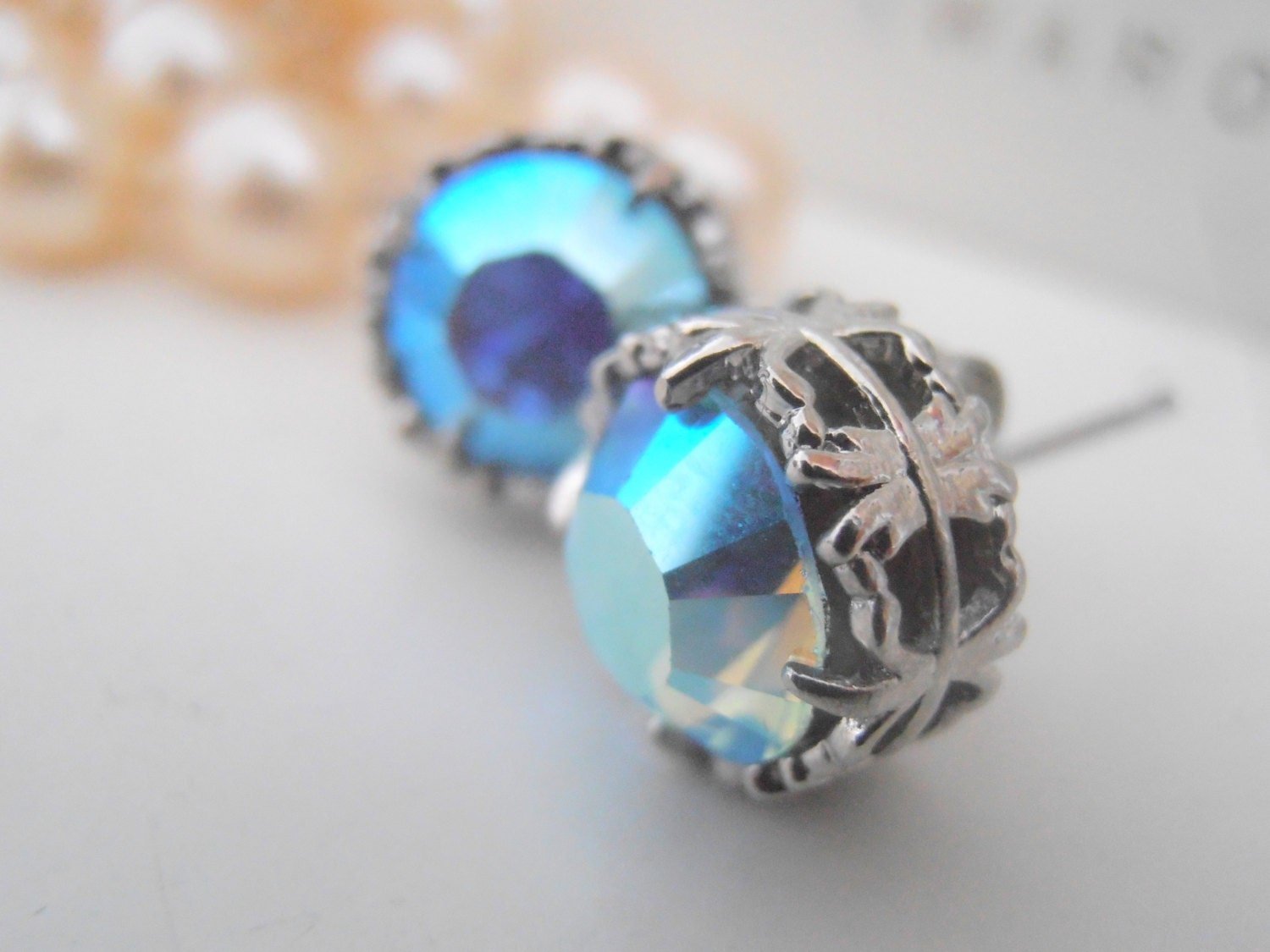 Aquamarine AB Filigree Stud Earrings / Crystal studs / Platinum Jewelry / Art deco post / Christmas gift