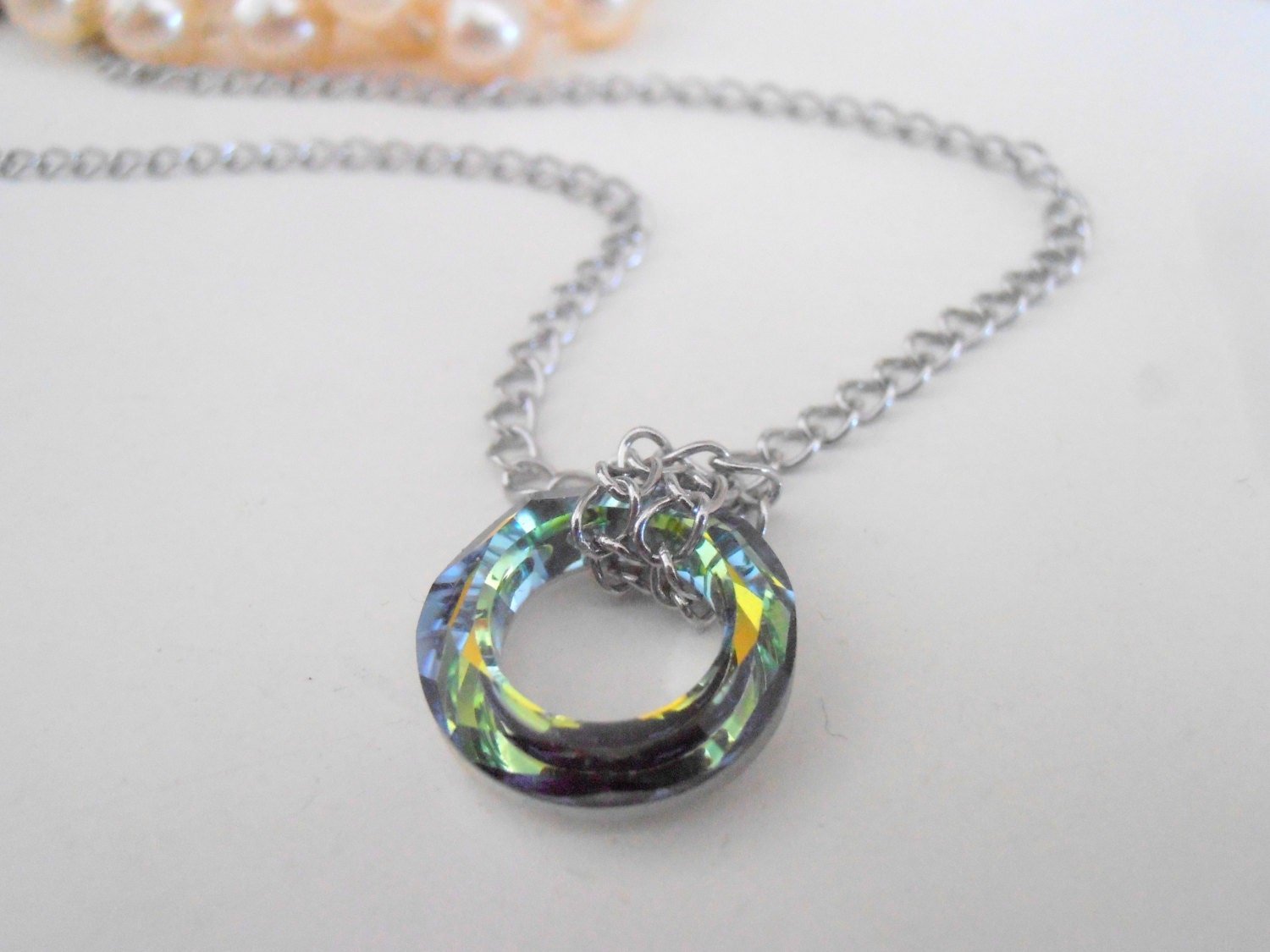 Medium Vitrail Circle Crystal Pendant, Cosmic Ring Long Necklace, Stainless Steel Chain Jewelry, Partner Birthday Gift