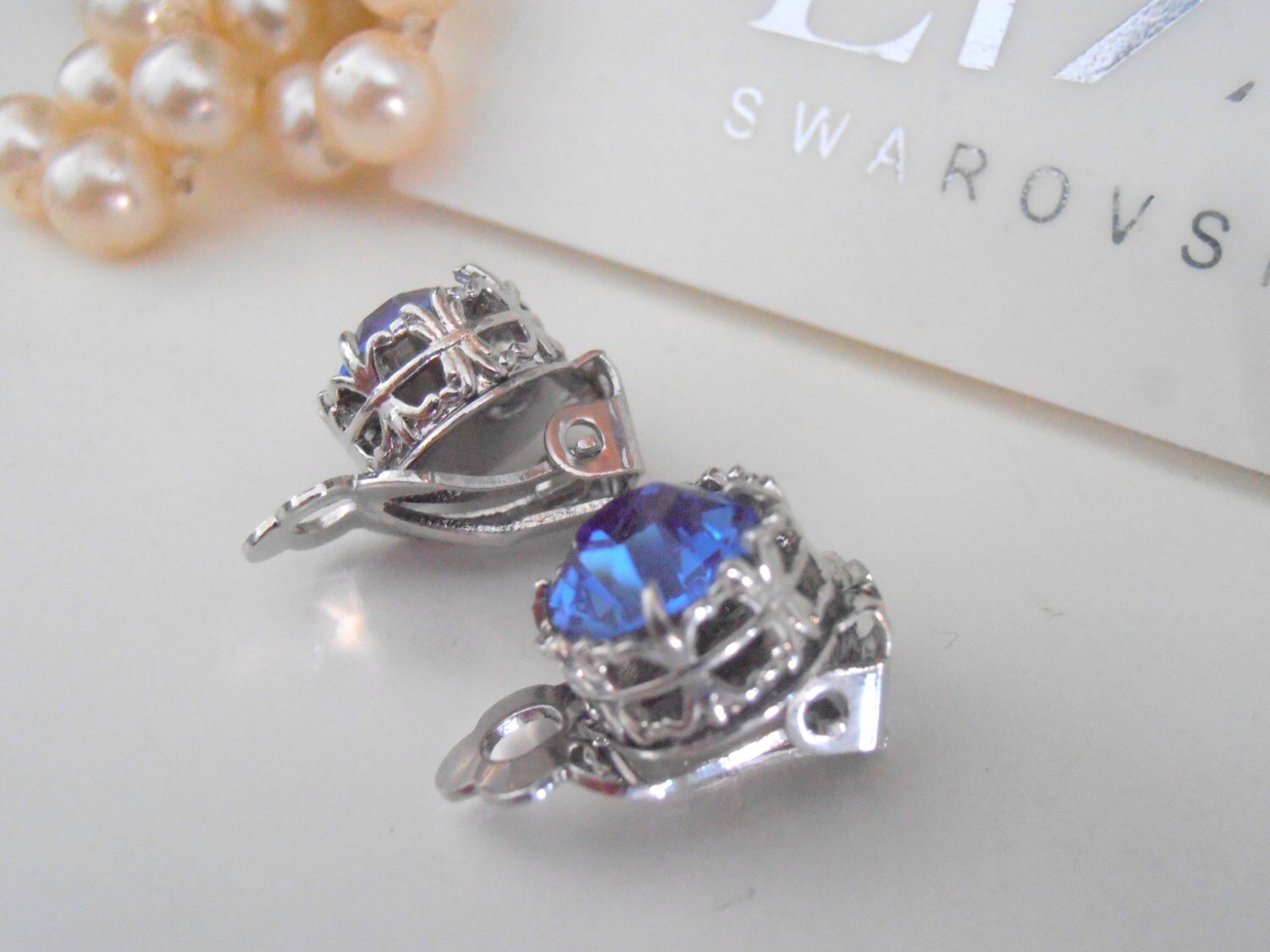 Sapphire Blue Clip On Non Pierced Earrings, Crystal Jewelry for Girls, Art Deco Filigree Post Clips, Birthday Gift