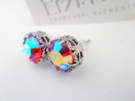 Siam Shimmer Crystal Stud Earrings  / Art Deco Jewelry / Post Pierced / Platinum Filigree / Birthday Gift