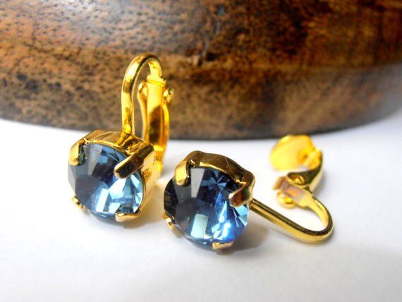 Denim Blue Crystal Clip on Earrings | No Pierced Stud Earrings