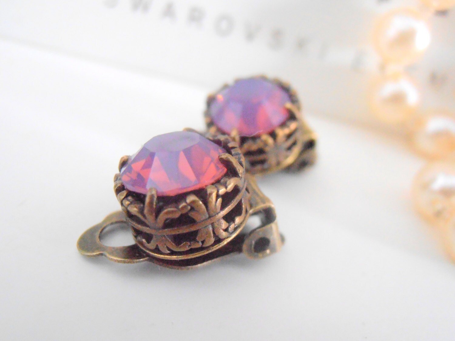 Opal Purple Clip On Stud Earrings in Antique Bronze