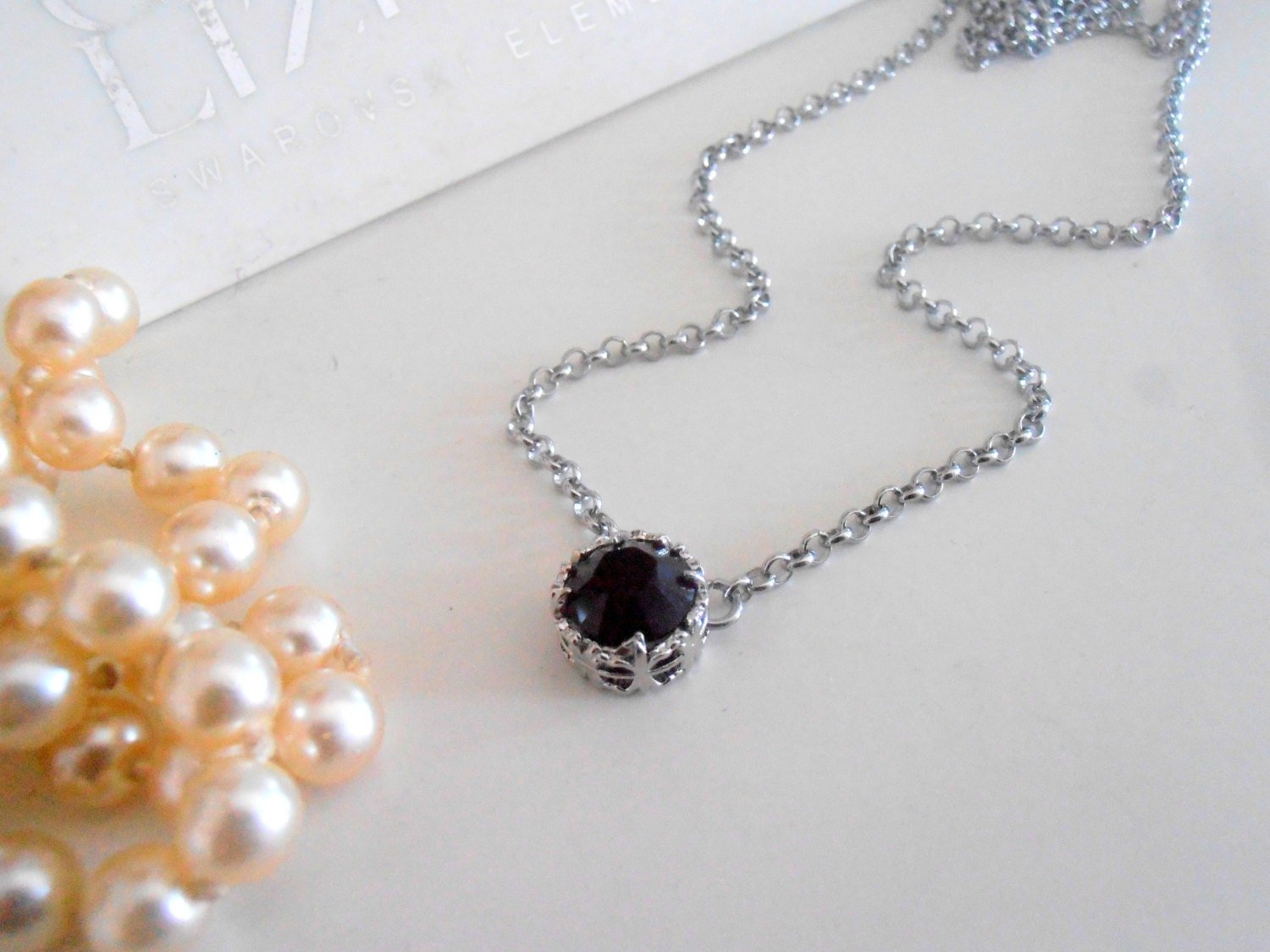 Jet Black Crystal Chain Pendant, Dainty Filigree Bezel Necklace, Art Deco Jewelry, Women Bridesmaid Gift