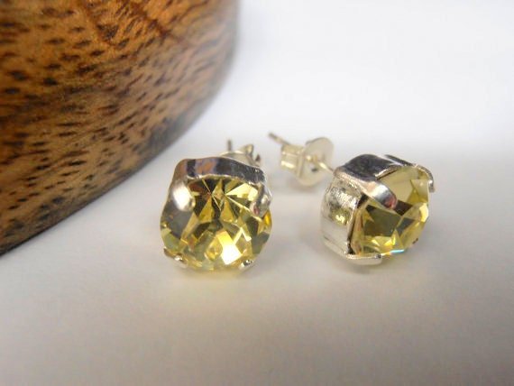 Crystal Jonquil Stud Earrings, Silver Post Studs, Yellow Pierced Earrings, Bridal Jewelry, Girl Gift Ideas