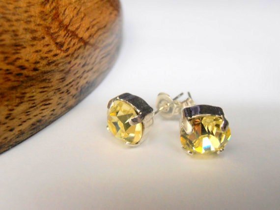 Crystal Jonquil Stud Earrings, Silver Post Studs, Yellow Pierced Earrings, Bridal Jewelry, Girl Gift Ideas