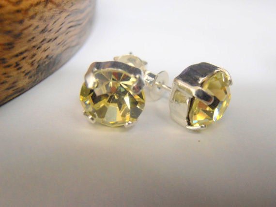 Crystal Jonquil Stud Earrings, Silver Post Studs, Yellow Pierced Earrings, Bridal Jewelry, Girl Gift Ideas