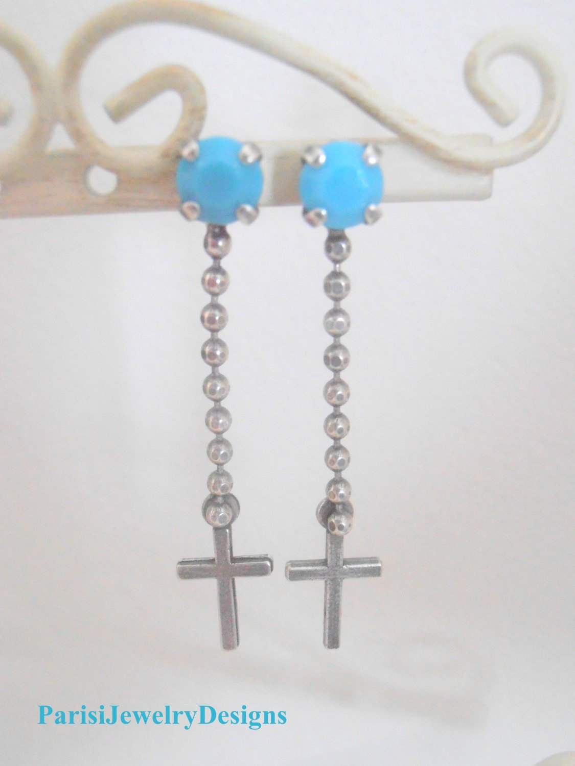 Turquoise Cross Religious Earrings / Long Pierced Dangle & Drop / Gothic Jewelry / Medieval / Birthday Gift