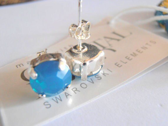 Caribbean Blue Opal Crystal Studs / Pierced Post Earrings / Silver Setting / Costume / Girls Jewelry