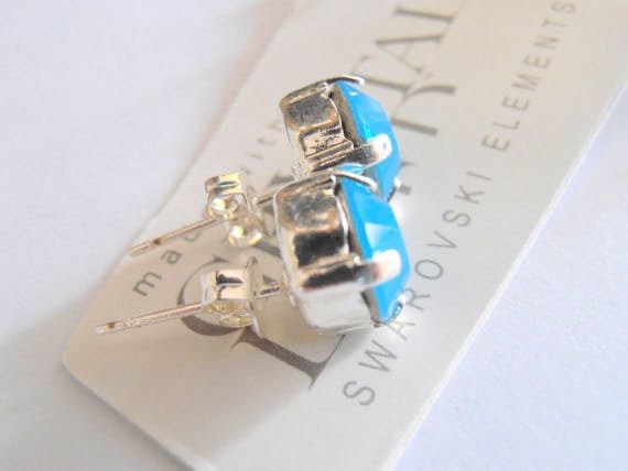 Caribbean Blue Opal Crystal Studs / Pierced Post Earrings / Silver Setting / Costume / Girls Jewelry